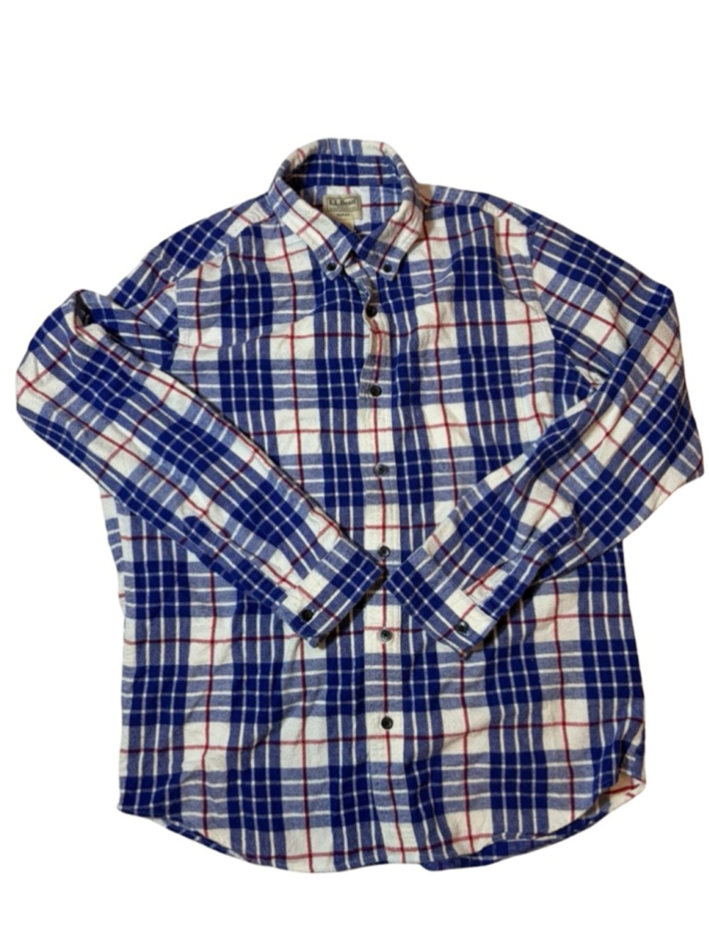 LL Bean Plaid Flannel Shirt Slim Fit Large Cotton Blue Red Preppy